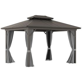 10' x 12' Hardtop Gazebo with Curtains and Netting, Permanent Pavilion Metal Double Roof Gazebo Canopy with Aluminum Frame and Hooks, for Garden, Pat