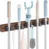 Gray Mop Broom Holder Wall Mount with 4 Slots & 4 Hooks - Wood Broom Mop Hanger for Pantry Closet Laundry Room Organization - Heavy Duty Garden Tool O