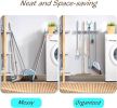Gray Mop Broom Holder Wall Mount with 4 Slots & 4 Hooks - Wood Broom Mop Hanger for Pantry Closet Laundry Room Organization - Heavy Duty Garden Tool O