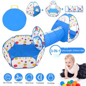 3 In 1 Child Crawl Tunnel Tent Kids Play Tent Ball Pit Set Foldable Children Play House Pop-up Kids Tent w/Storage Bag for Indoor Outdoor Travel Use (Color: Blue)